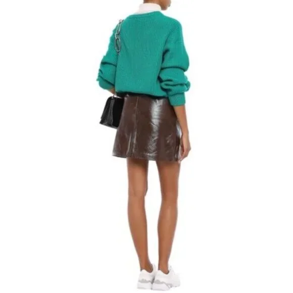 NWOT Sandro brown leather ruffle accent mini skirt, M